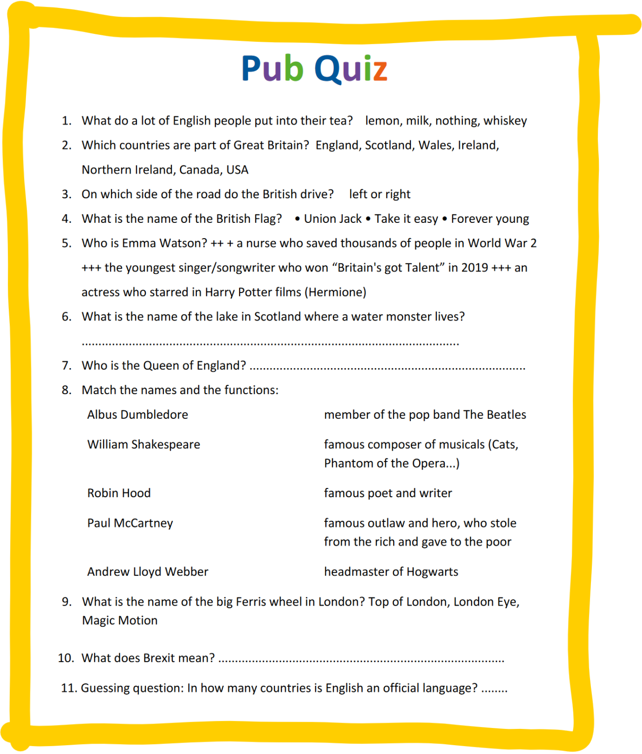 easy Pub Quiz zur Landeskunde – easy